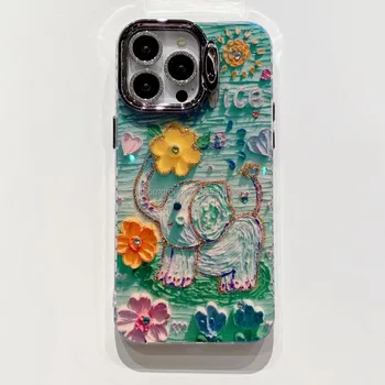 Animal Elephant Flower Cell Phone Case for iPhone 14 15 16 Pro Max Metal Camera Stand Case for iPhone 13 12 11 Lens Film Cover