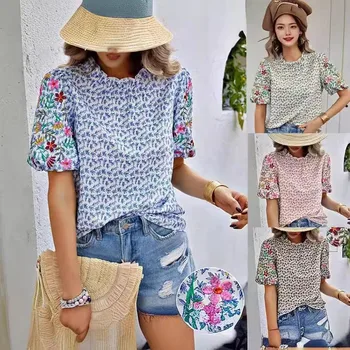 2024 Summer Vintage Outfits Petal Sleeve Casual Print Woman Tops Fashionable Elegant Blouses For Womens T-shirt