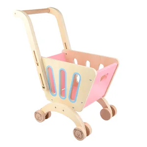 Wooden Kids Shopping Cart Toy Realistic Supermarket Play Set with Smooth Wheels for Toddlers Role Play Games