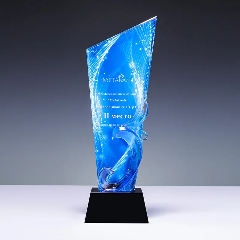 New design color printed crystal trophy awards with customized logo sport plaques details