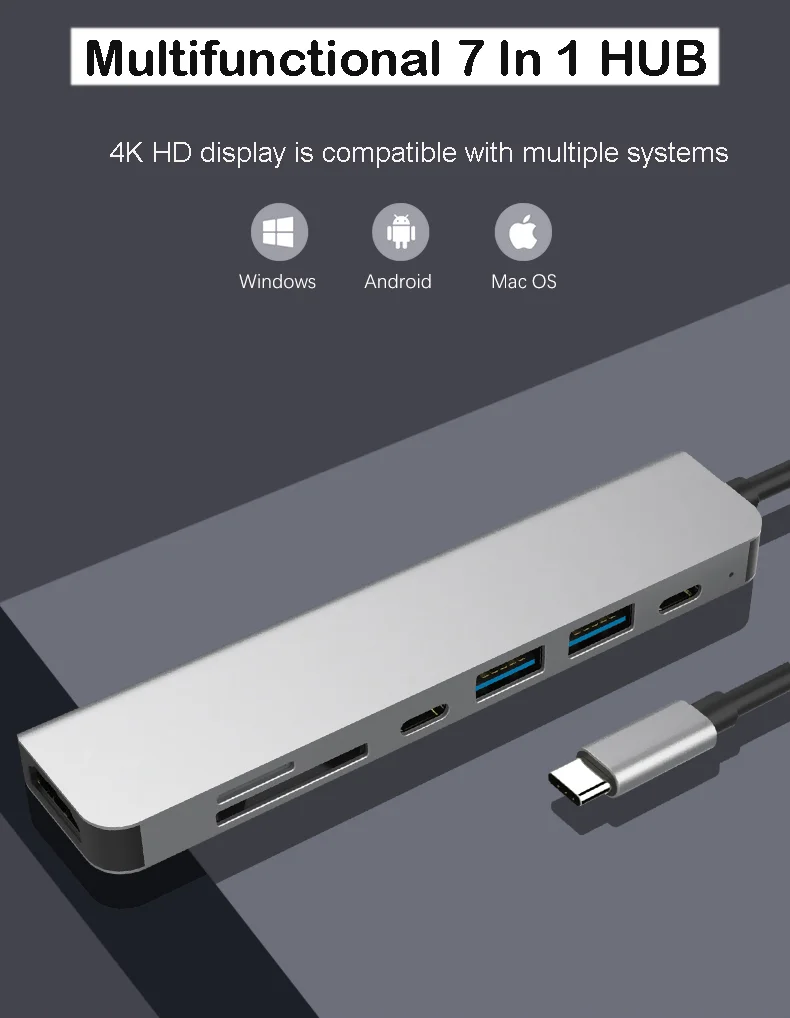 Multi-function 7 in 1 Usb C Hub Docking Station 4K HD USB3.0 TF/SD Card Reader Usb c Hub 7 in 1 Multiport Hub