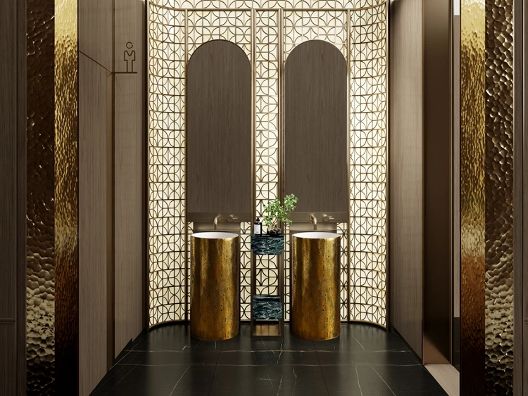 Creative Travertine Surface Gold Electroplated Luxury Style Floor Mounted Artificial Stone Wash Basin Bathroom Pedestal Sink