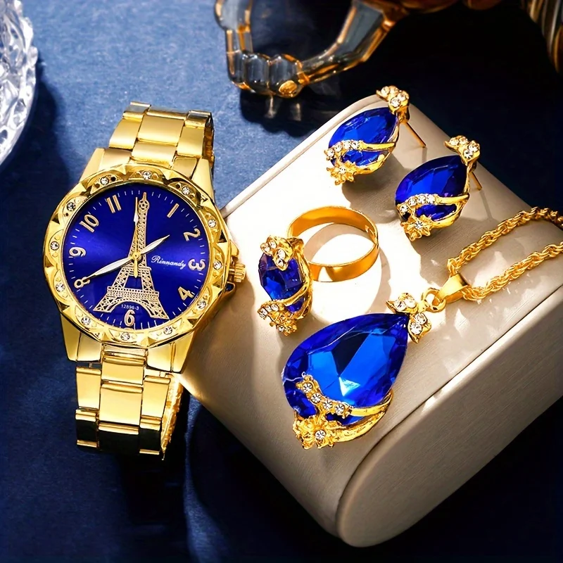 4pcs Jewelry Set  Women's Watch Eiffel Tower Quartz Watch Luxury  Steel Wrist Watch