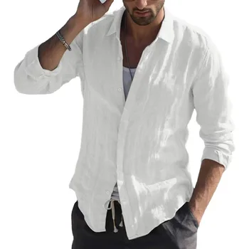 Blank long sleeved retro loose fashion breathable and anti shrink spring men's casual linen shirt