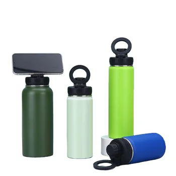 Most Popular Custom Gym Sports Camping Thermal Insulated Wide Mouth Stainless Steel Water Bottle With Magnetic Lid Phone Holder