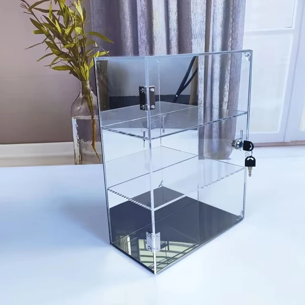 3-Tier Transparent Showcase Display With Mirror Back Jewelry Cabinet With Lock Acrylic Display Case With Megnetic Door