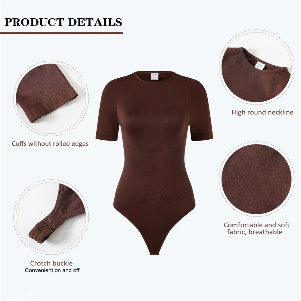 Custom Gym Women Round Neck Seamless Sleeved Thong Panties Tummy Control Shapewear Bodysuit Underwear Waist Trainer Shaper