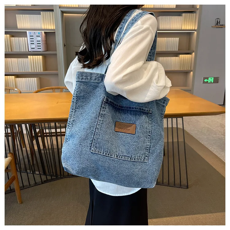 Custom Logo Eco Recycle Reusable Grocery Designer Women Shoulder Jean Cloth Tote Bags Denim Tote Bag