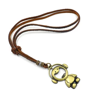 Creative Antique Brass Tone Musical Cartoon Figure Pendant Necklace Handmade Brown Genuine Leather Long Sweater Chain