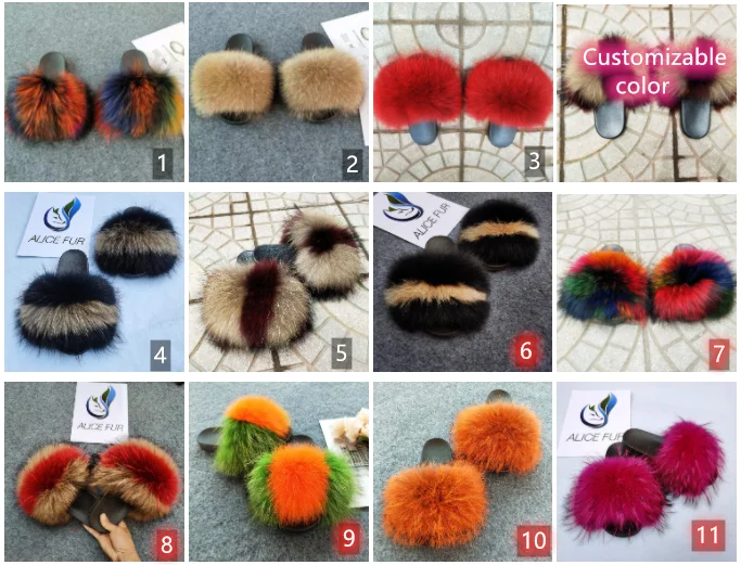Дизайнерские оптом красочные коричневые пушистые меховые сланцы тапочки из натурального Лисьего меха для