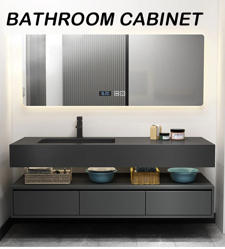 Modern Wall Mounted Matte Black Slate Bathroom Vanity Set