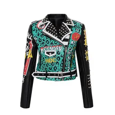 Professional New Design Fashion Custom Printing Graffiti Rivet Leather Jacket for Women