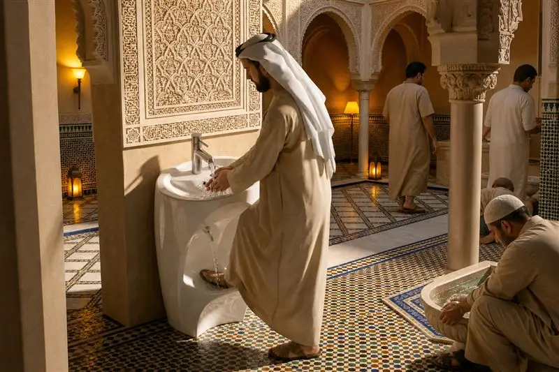 info-1-1 Man performing wudu in a busy community mosque washroom