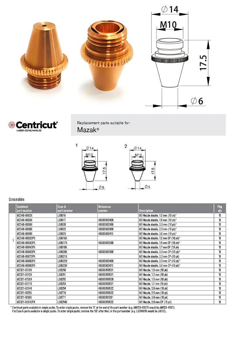 Centricut MZ346-0002X Laser Cutting Nozzle New Equipment Part for Mazak Laser Machines