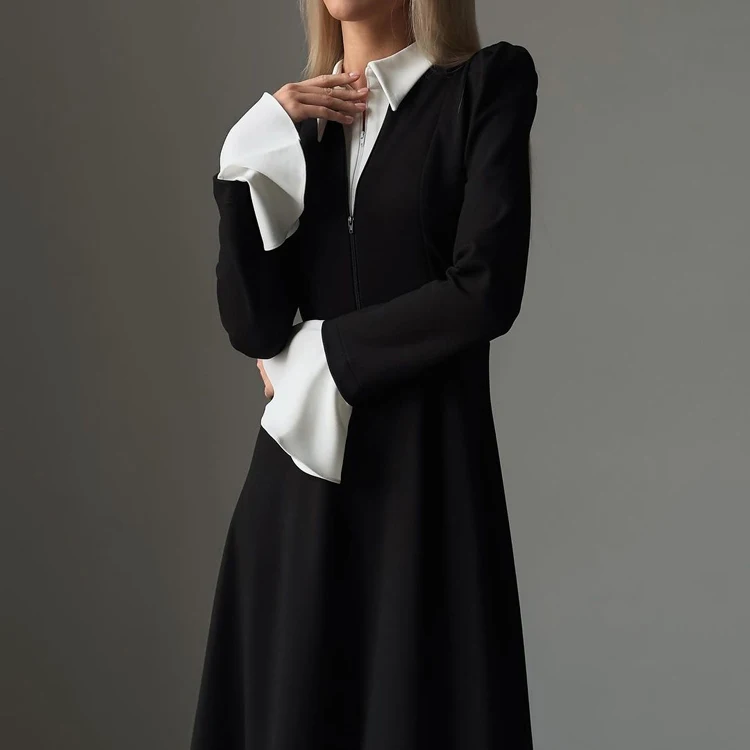 Womens Dresses Black Long Sleeve Dress With White Collar And Cuffs Dual Zip  Patchwork Long Sleeve