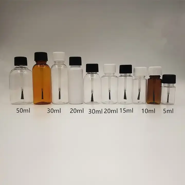5ml 10ml 15ml 20ml  25ml 30ml 50ml PET Transparent Amber Glue Bottle with Brush Cap Plastic Nail Polish Bottle Touch up Bottle