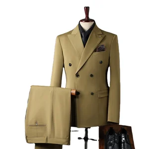 High-End Men's Double-Breasted Striped Business Suit Breathable Anti-Wrinkle Flat Front Worsted Fabric Plus Size Groomsmen Sets