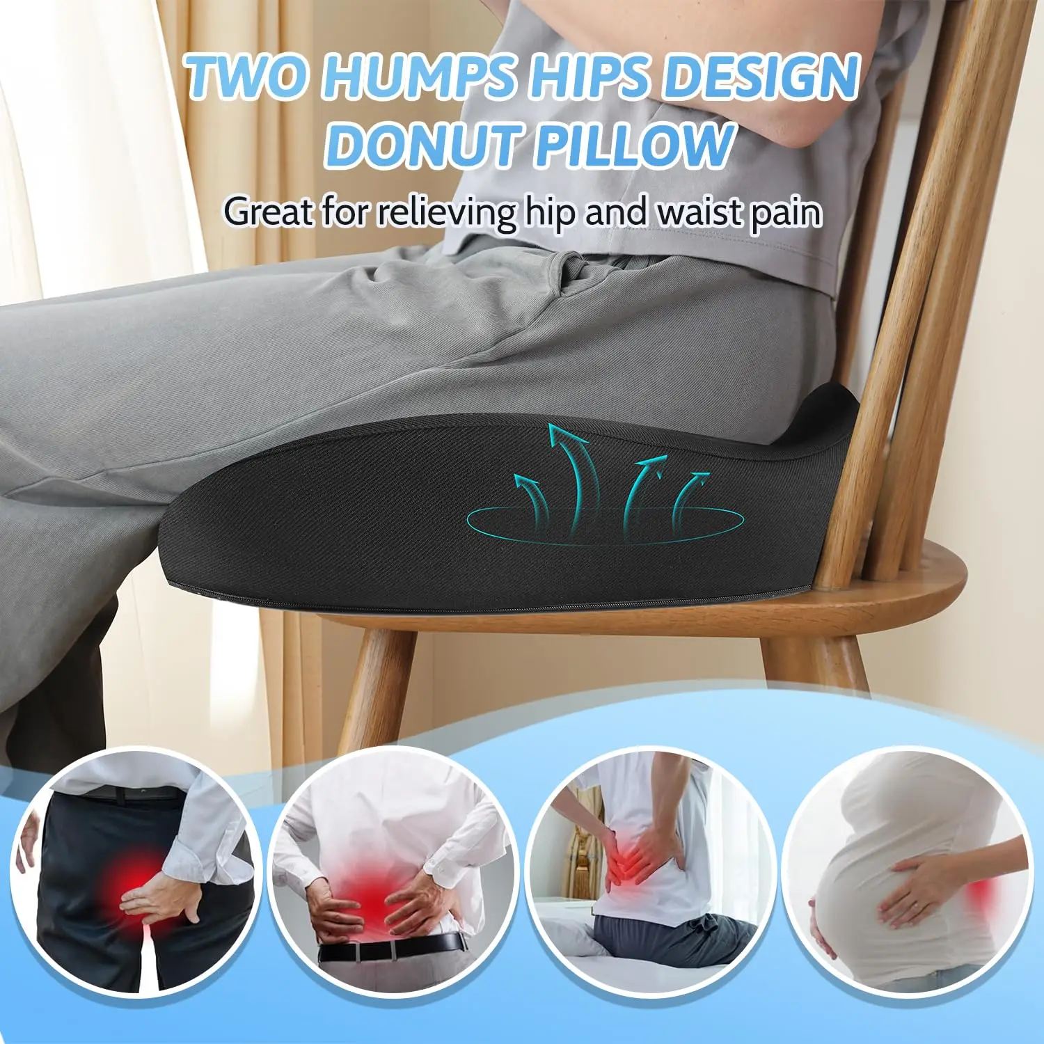 Black Large Size Ergonomic Design Memory Foam Seat Cushion Full Wrapped Car Office Chair Cushion Pain Relief Coccyx Seat Cushion
