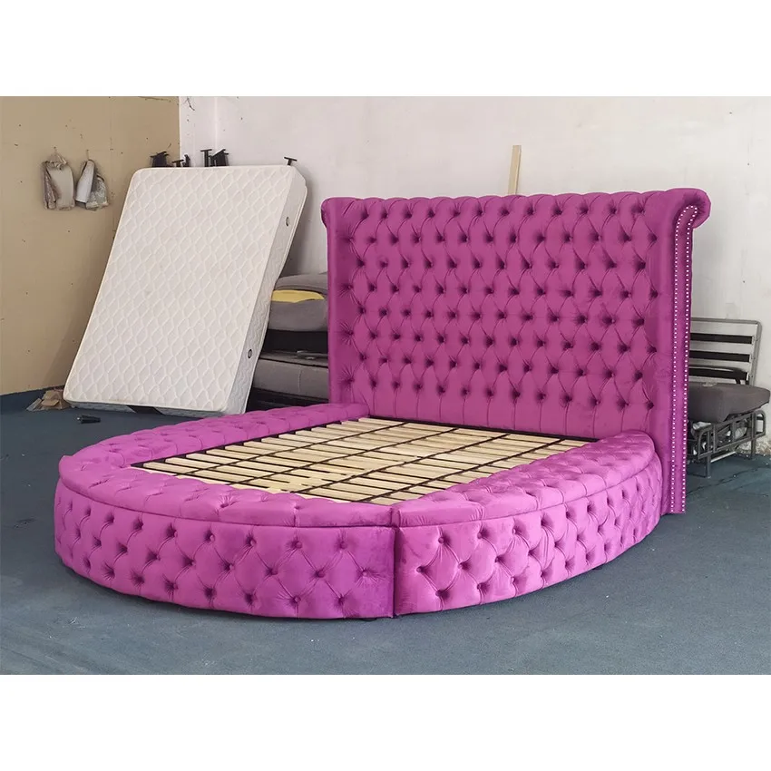 Upholstered Hotel Wooden Bed Modern Storage Queen Size Round Bed Frame