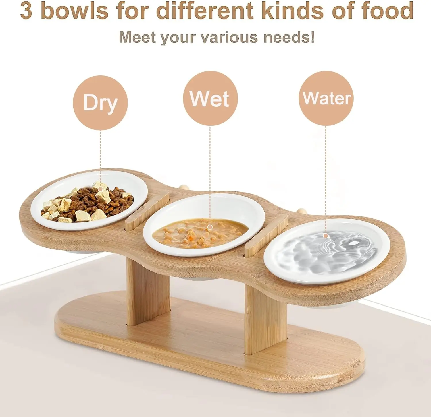 product custom pet bowl stand adjustable bamboo elevated cat and dog bowl stand 3 height raised pet feeder for food and water storage-3