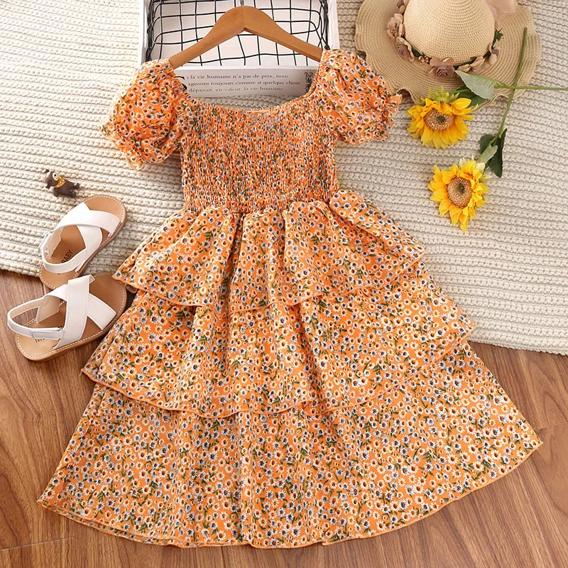 Girls Dress New 2022 Summer Foreign Style Small Floral Bubble