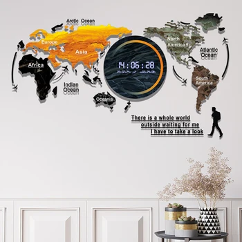 Modern World Map Home Wall Decoration Digital Display Calendar Electronic Clock Silent Acrylic Large Screen Clock Wall Hanging