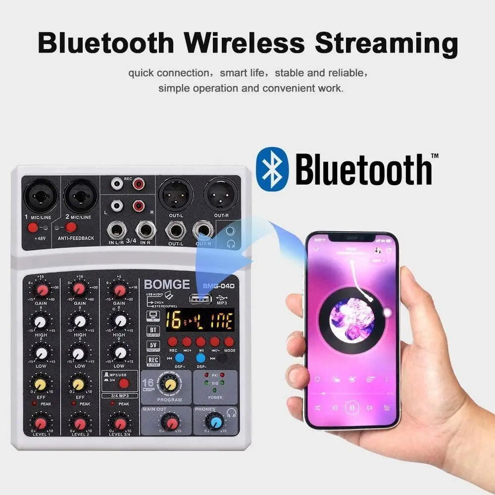 Professional 4 Channel USB Audio Mixer Dj Console Stereo Recording 48V Phantom Power 16  DSP Musical Instrument