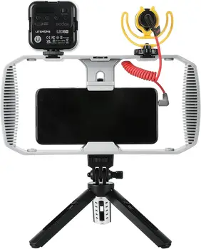Godox VK1-LT Universal Phone Video Rig Kit for Smartphone, with Mic, RGB LED Light and Tripod Side Handle
