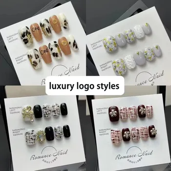 Free Logo French Custom Luxury Artificial Long Coffin Designed Acrylic Wholesale Handmade Luxury Brand Logo Press on Nails