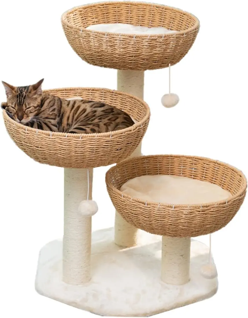 2-Pack Modern Cat Tower Tree Accessories Fiber Replacement Part Basket Bed Handwoven Wicker Rattan Cat Nest Bowl Bed Soft Cave