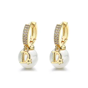 Retro Pearl Gold Earrings Women Elegantly Luxurious Featuring Letter Design Embedded Crystals; Sophisticated Bead Anniversary