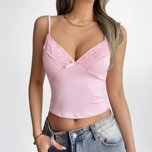 Sexy Lace up Solid Pattern Low Cut V-Neck Slim Sleeveless Short Tops Casual Tank Top Vest Length Camisole