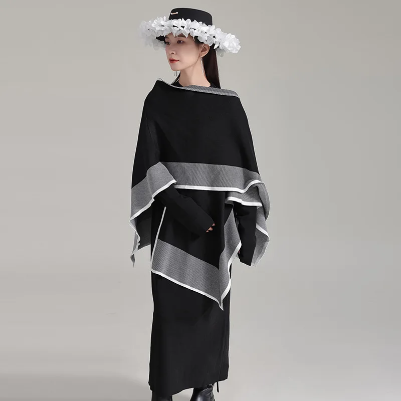 Eco-friendly Winter Two-Piece Set - Cape Shawl Jacket \u0026 Knit Dress