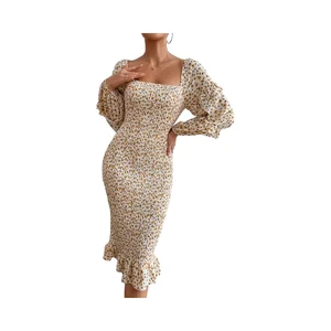 Women's Summer Casual Floral Midi A-Line Dress Square Neck Smocked Long Puff Natural Chiffon Breathable Party Plain Dyed 100%