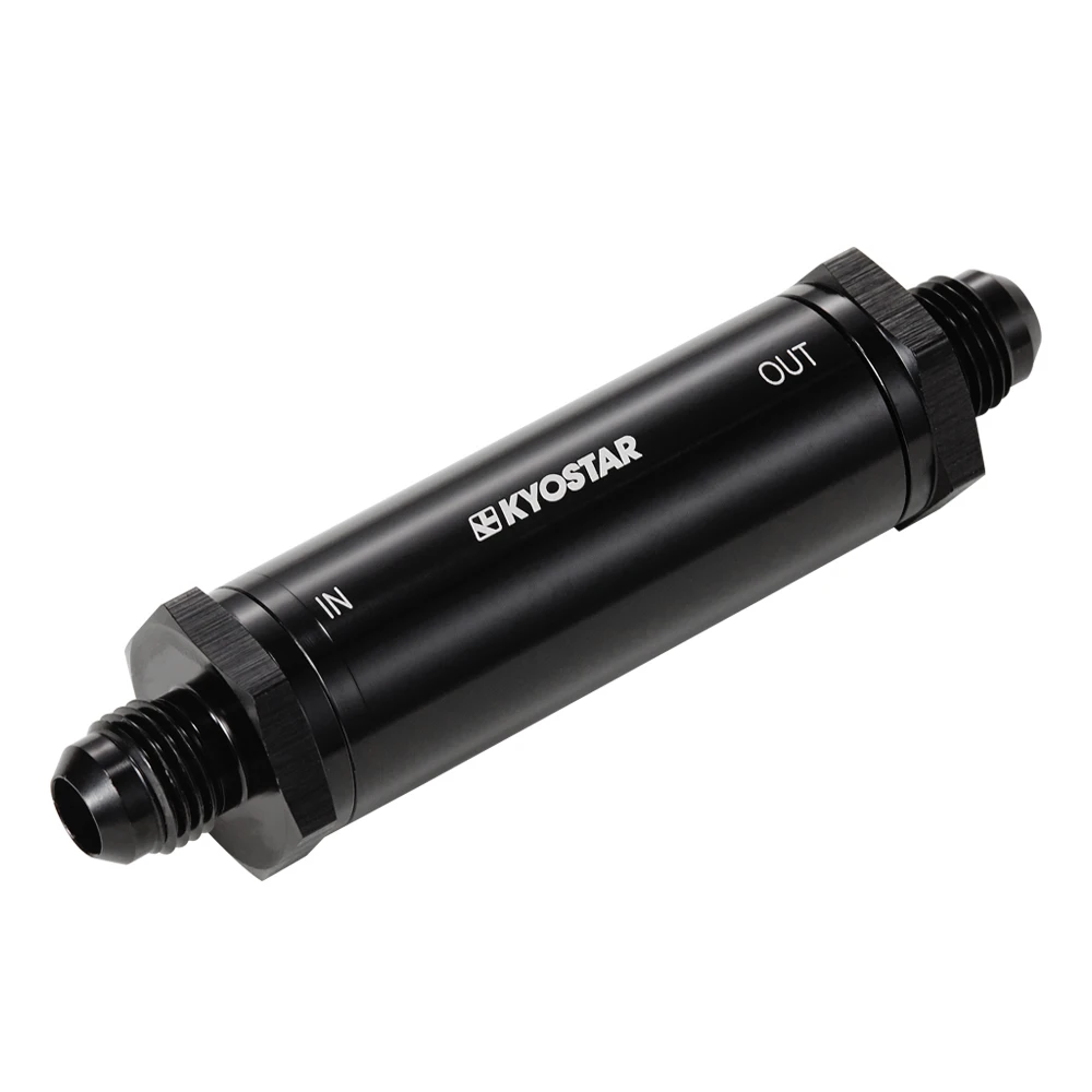 Kyostar Universal Anodised Billet Black AN6 Inlet Slim Line Fuel Filter 30 Micron Bronze Insert