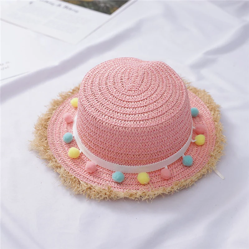 Children Summer Sun Hat Pom Poms Straw 
