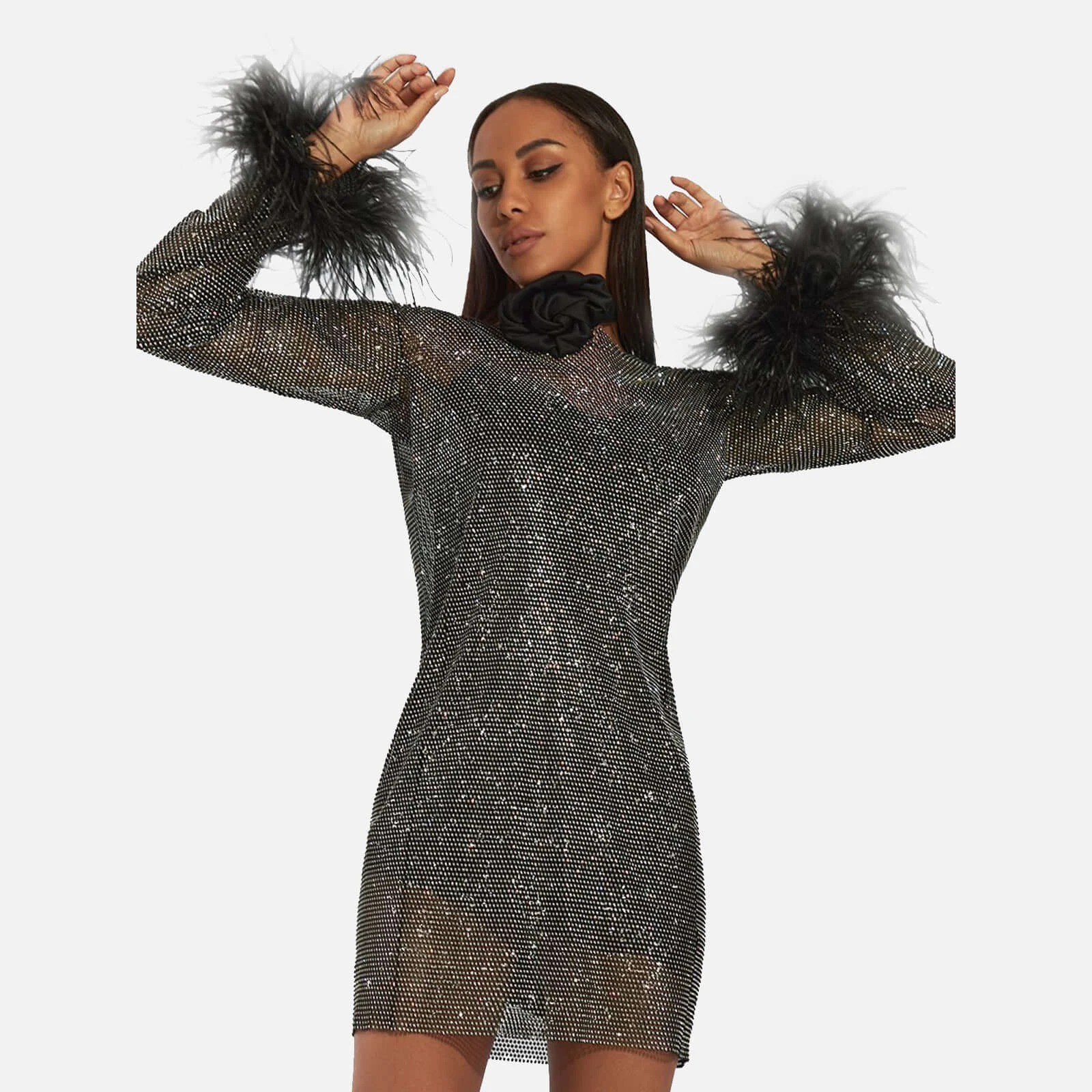 Luxury Black Mini Dress Diamond Sequins Pearls Long Sleeve Mesh Ball Gown  Silhouette Ostrich Fur Style Natural Waistline