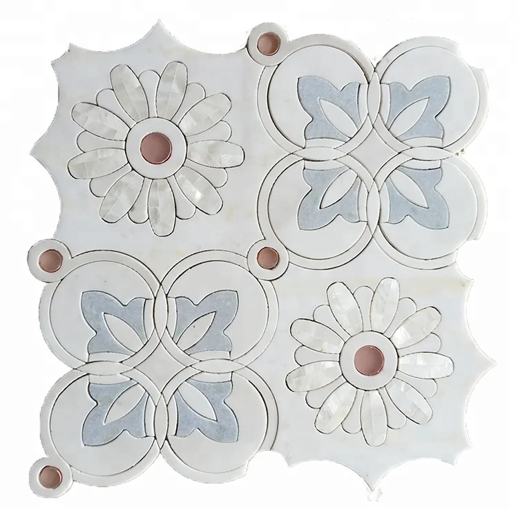 Natural Thassos White and Blue Marble Mix Mother of Pearl Shell Waterjet Flower Pattern Mosaic Tiles