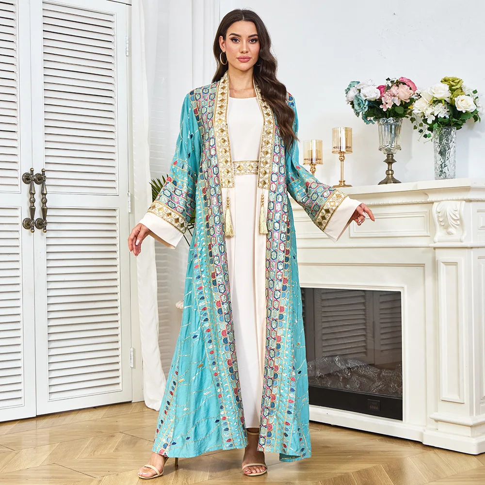 Morocco Party Dress Abaya for Women Elegant 2-Piece Set with Belt Embroidery Open Collar Kaftan Maxi Islamci Dresses Morocco Party Dress Abaya for Women Elegant 2-Piece Set with Belt Embroidery Open Collar Kaftan Maxi Islamci Dresses