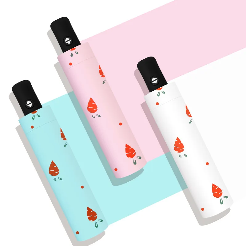 Ladies Three Fold Strawberry Dot Pattern Printed Manual Open Blue Umbrella