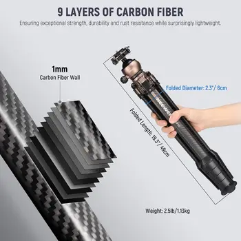 NEEWER 63" Travel Tripod Carbon Fiber With 360 Dual Panoramic Low Profile Ball Head for Quick Release & Lock, Convertible detail image