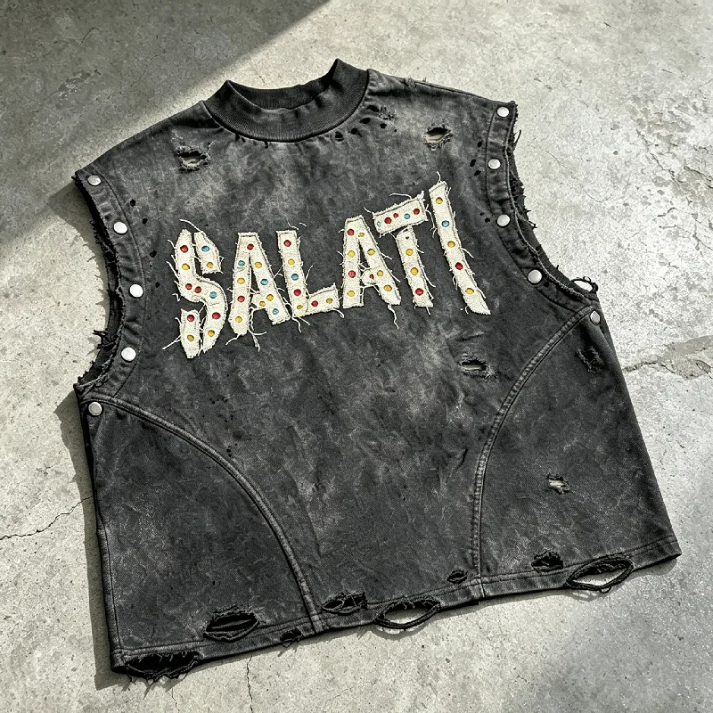 Custom Summer 100 Percent Cotton Ripped Distressed Embroidery Rhinestone Sleeveless T Shirt Acid Wash Rivet Tank Top Apparel gallery 7