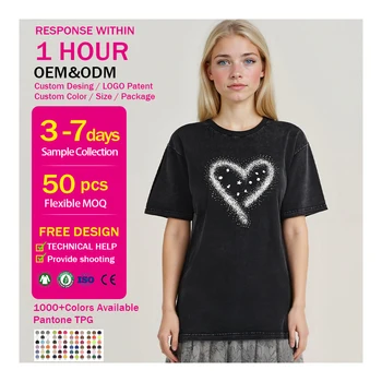 Custom LOGO Summer Cotton Soft Breathable Acid Wash Short Sleeve T-Shirt Solid Pattern Hot Drilling Crop Top Tshirts