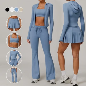 Custom Logo Women's 4 Piece Sun-protective Sports Fitness Sets UV Resistant Hooded Jacket Breathable Outdoor Workout Sets