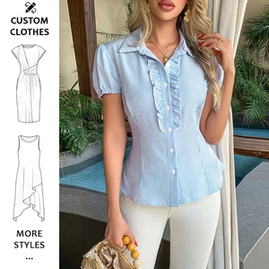 2026 Summer Stripe Short Sleeve Turn Down Collar Women's Y2k Ruffle Trim Blouse Button Down Shirts Casual Vintage Top