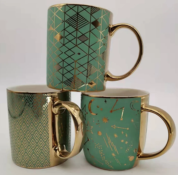 Hot Selling Electric Glaze Ceramic Porcelain Coffee Cup Mugs with Gold Handle