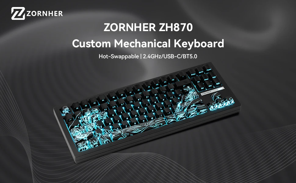 Zornher ZH870 88Keys-Black Ukiyo-e Wireless Tri-mode Keyboard RGB