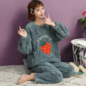 Girls Sweet Lovely Strawberry Coral Fleece Pajamas Set Fall Winter High Quality Warm Comfortable Sleepwear Women Home Wear
