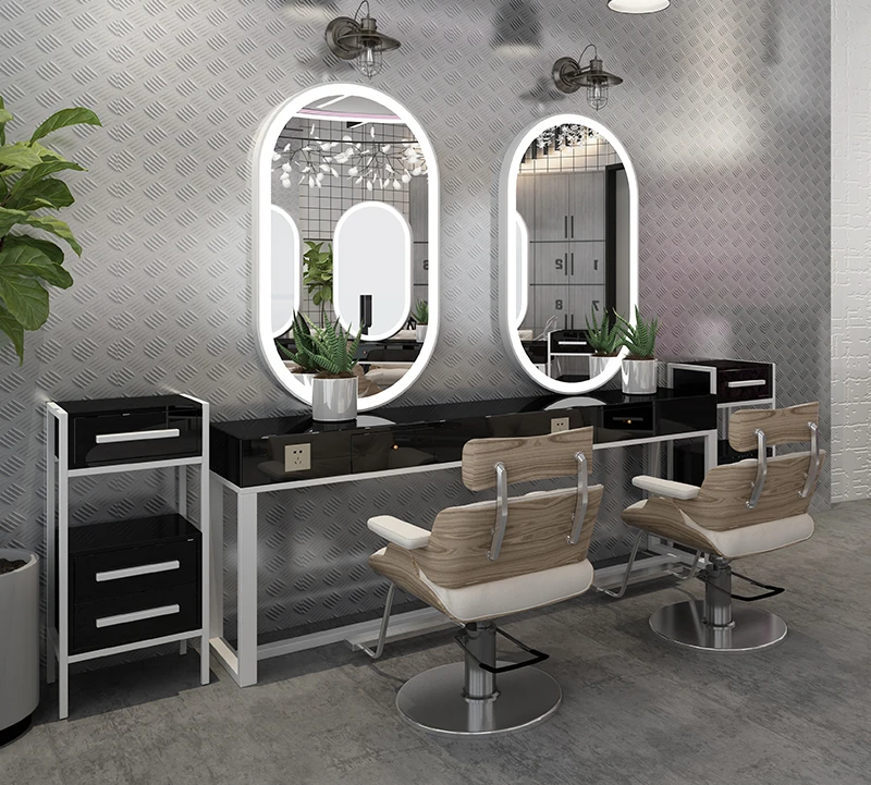Ins Style Mirror Led Light Modern Cabinet Hair Beauty Salon Furniture Barber Station