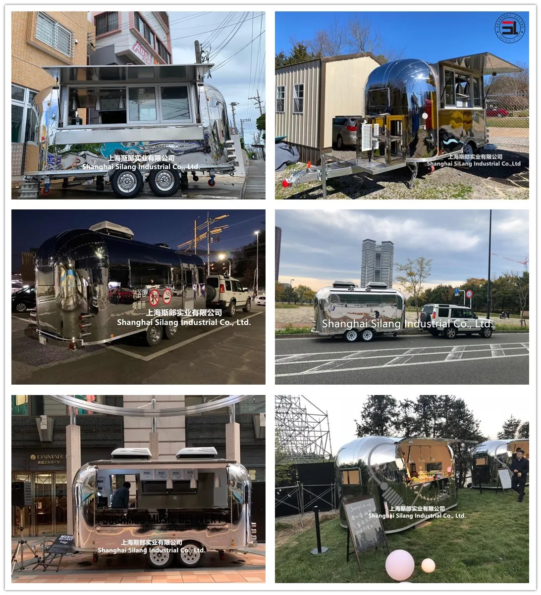 Airstream mobile camper kitchen pizza trailer with various cooking equipments salad refrigeration churro coffee food cart supplier